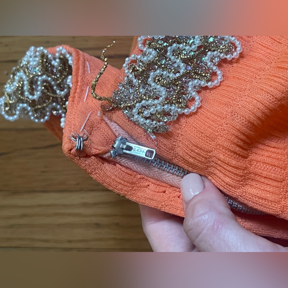 60s-70s Vintage Orange Maxi Dress with Beaded Neckline - Picture 7 of 8
